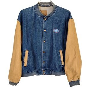 Mens L Three Rivers Cooper Tires Varsity Bomber Jacket Blue Tan Denim Workwear